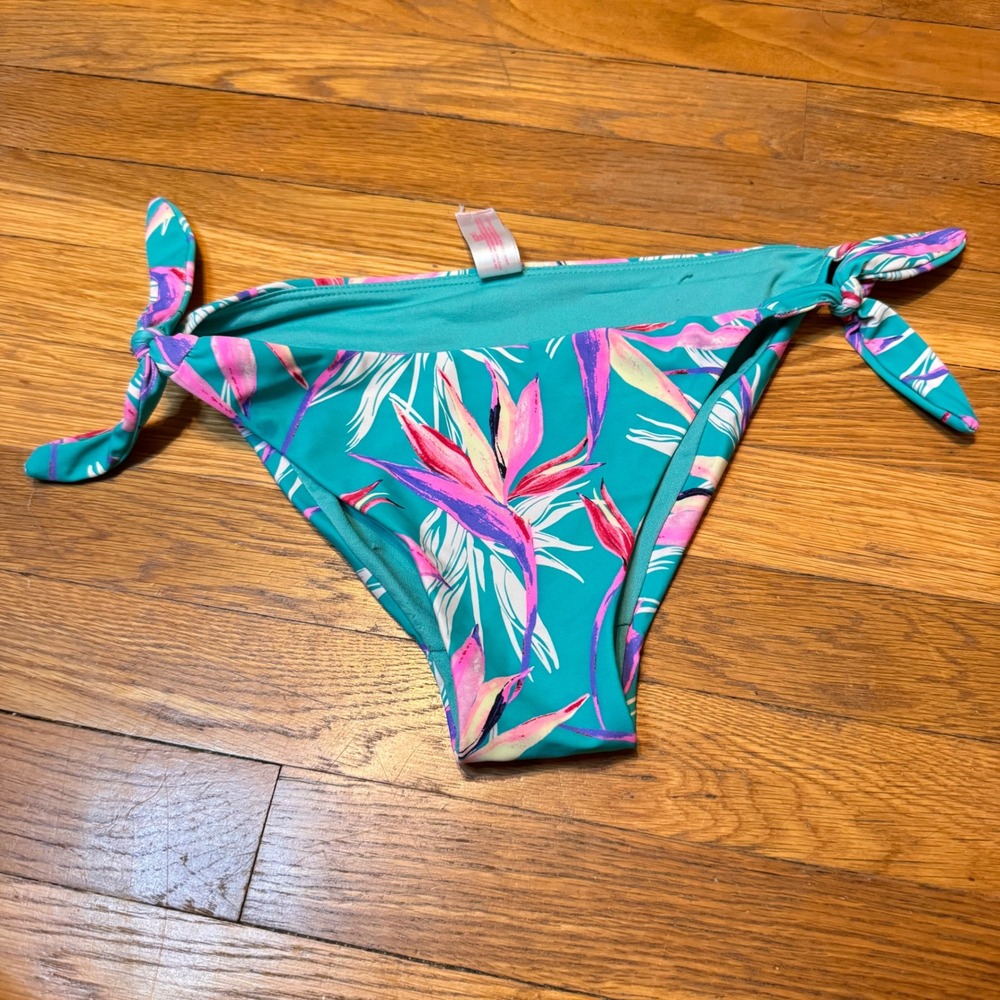 No Boundaries Side Tie Bikini Bottoms Tropical Teal Pink Small